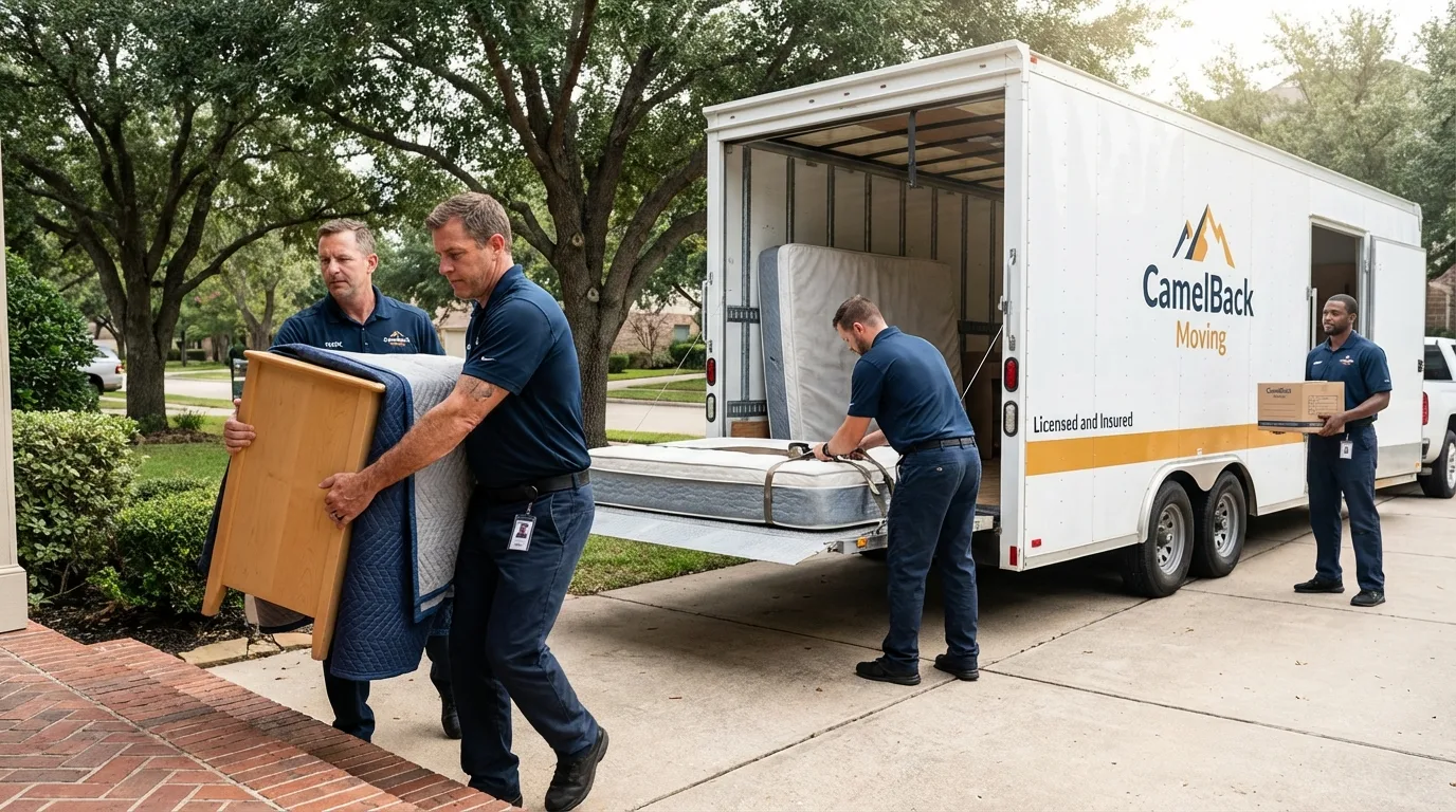 Crew loading residential truck for cross-state move from Hallsville, MO