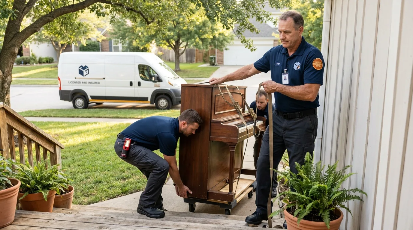 Licensed piano movers securing grand piano in Hallsville, MO