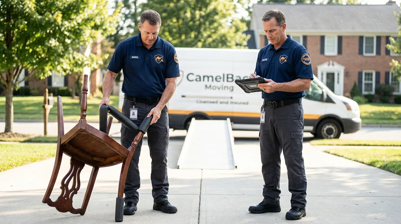 Movers inspecting furniture for damage prevention before loading in Hallsville, MO