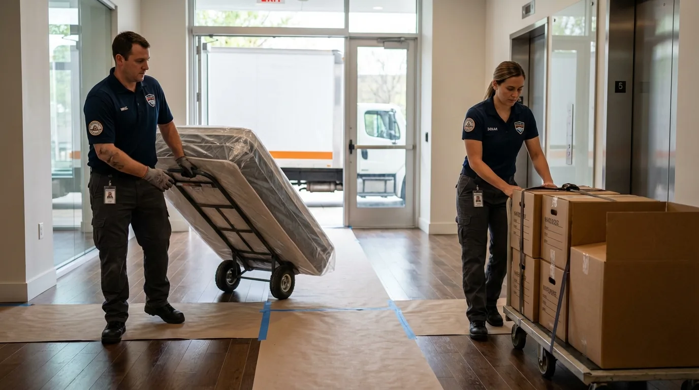 Professional apartment movers loading elevator in Hallsville, MO