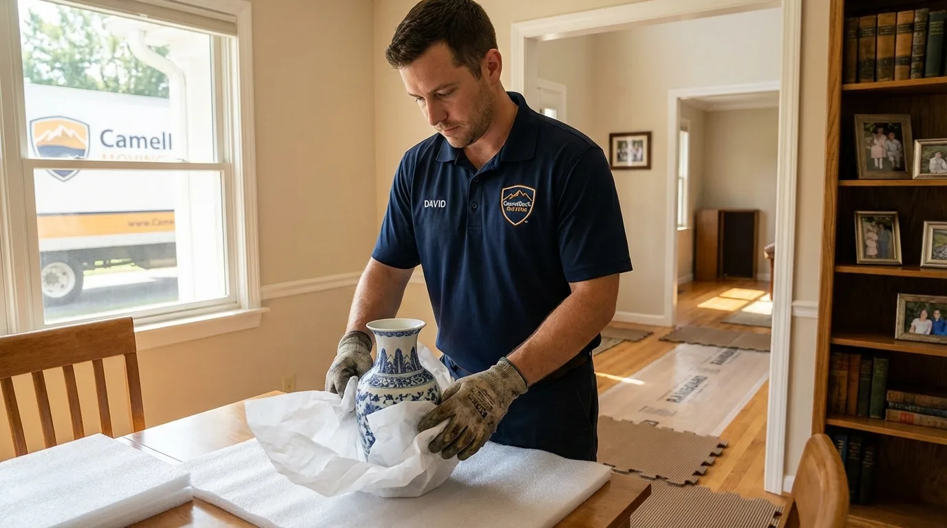 Professional crew carefully wrapping antique vase for senior downsizing move in Hallsville, MO